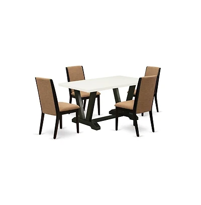 East West Furniture 5-Piece Fashionable Dining Room Set a Good Linen White Wood Table Top and 4 Stunning Linen Fabric Kitchen Chairs with Stylish Chai