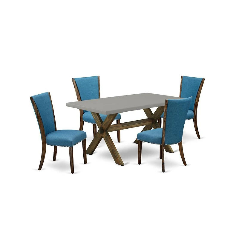 East West Furniture 5Pc Dining Table set Offers a Rectangle Table and 4 Parsons Dining Chairs with Blue Color Linen Fabric, Distressed Jacobean and Ce