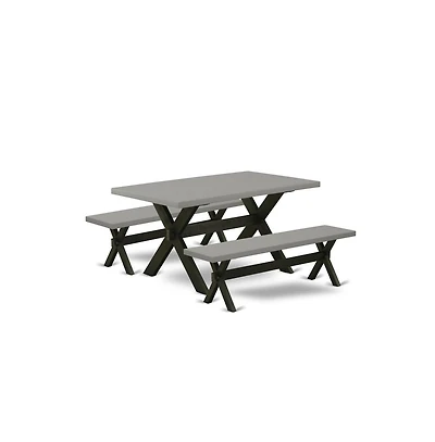 East West Furniture 3 Piece Dining Set - 1 Cement Dining Room Table and 2 Table Bench - Stable and Durable Construction - Wire Brushed Black Finish