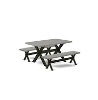 East West Furniture 3 Piece Dining Set - 1 Cement Dining Room Table and 2 Table Bench - Stable and Durable Construction - Wire Brushed Black Finish