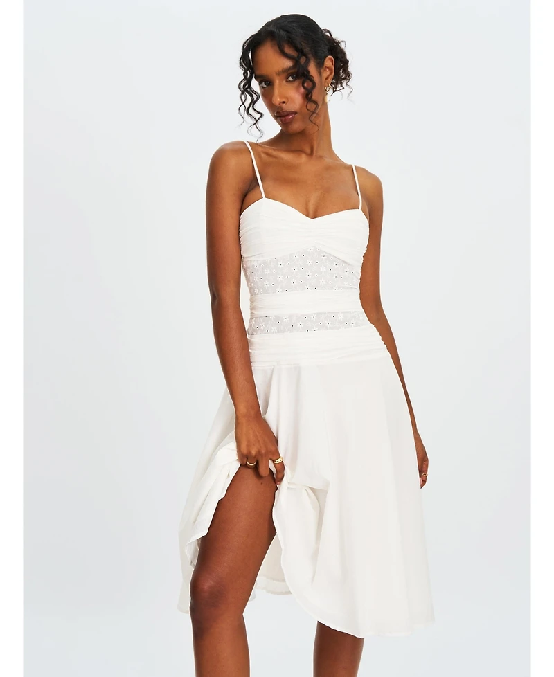 Miss Circle Women's Maelis White Eyelet Drop Waist Cotton Midi Dress