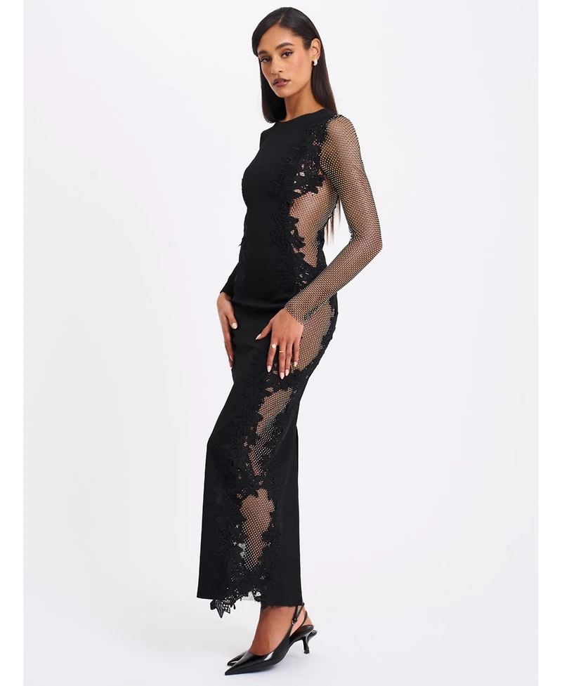 Miss Circle Women's Bailey Lace Trim Crystal Net Cutout Long Sleeve Gown