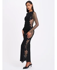 Miss Circle Women's Bailey Lace Trim Crystal Net Cutout Long Sleeve Gown