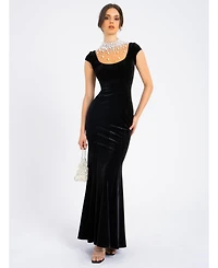 Miss Circle Women Rachael Black Velvet Pearl Embellished Gown