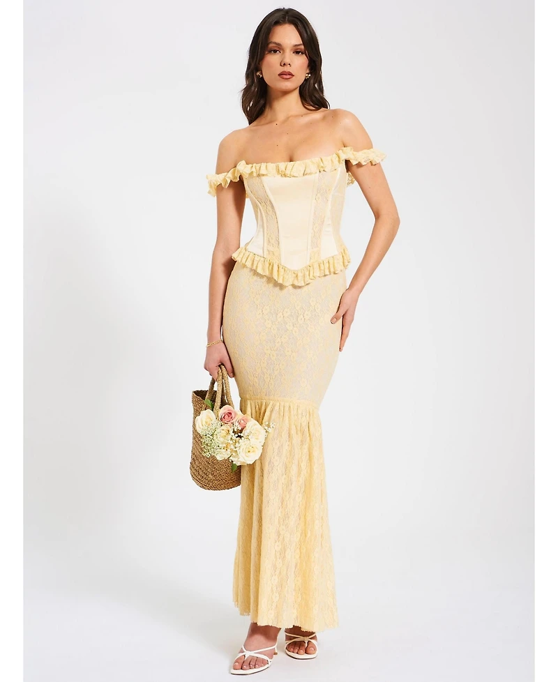Miss Circle Women's Ersilia Pale Yellow Satin Lace Peplum Corset Off Shoulder Maxi Dress