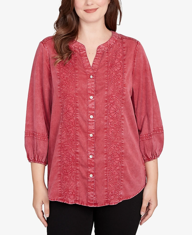 Ruby Rd. Petite Artisan Embroidered Button Front Top