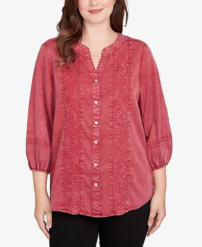 Ruby Rd. Petite Artisan Embroidered Button Front Top