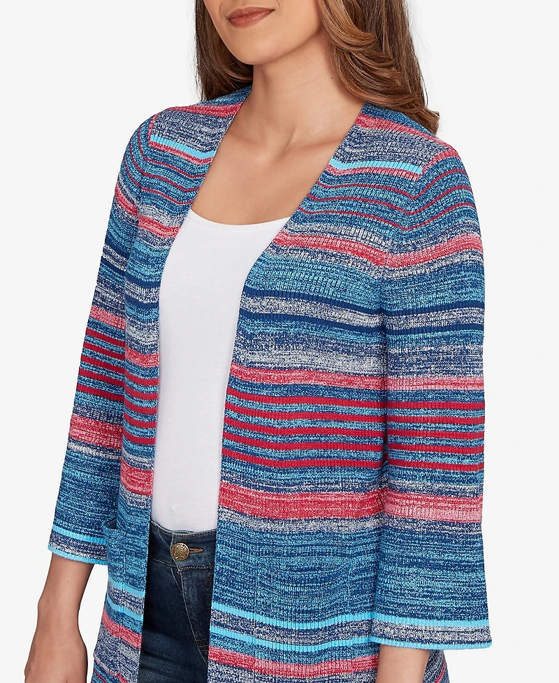Ruby Rd. Petite Open Ribbed Stripe Front Pocket Cardigan Sweater