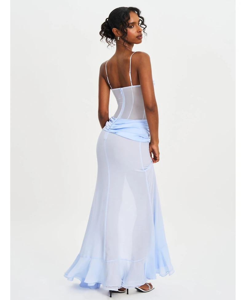 Miss Circle Women Lacy Blue Ruched Breast High Slit Chiffon Dress