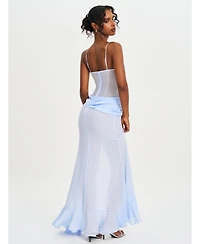 Miss Circle Women Lacy Blue Ruched Breast High Slit Chiffon Dress