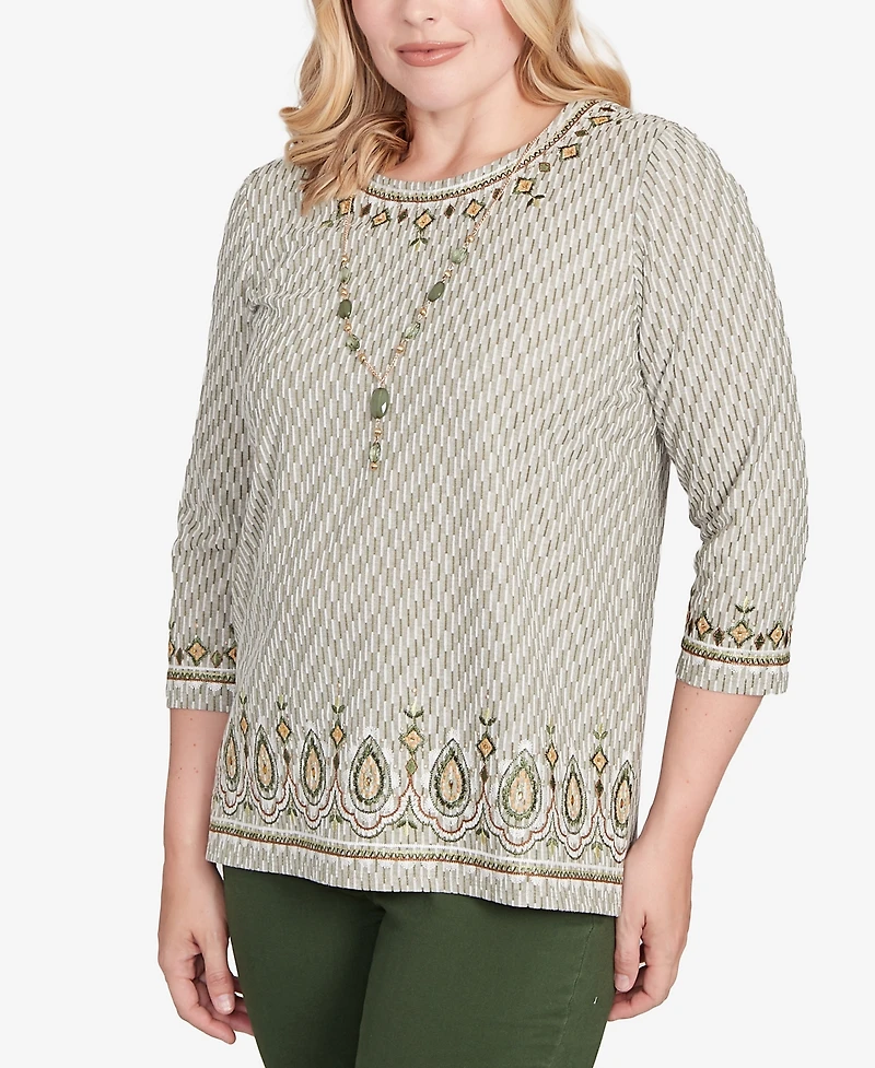 Alfred Dunner Petite Mount Laurel Textured Medallion Border Top with Necklace