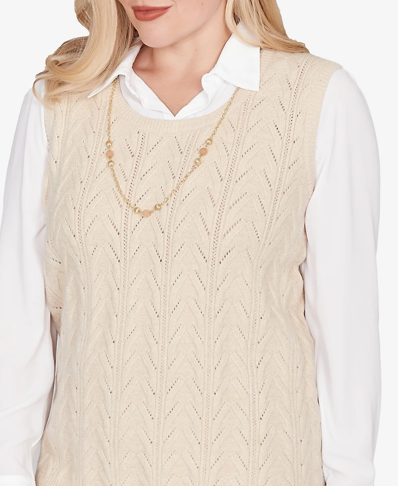 Alfred Dunner Petite Urban Legend Pointelle Texture Two One Sweater with Necklace