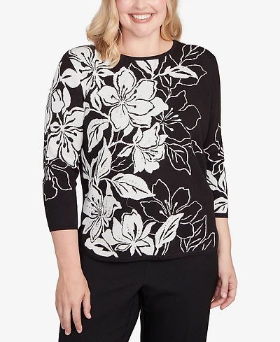 Alfred Dunner Petite Dramatic Floral Jacquard Sweater