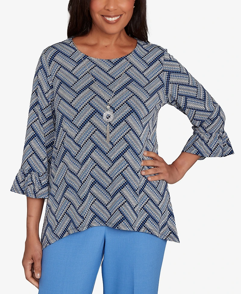 Alfred Dunner Petite Chevron Textured Knit Top with Necklace