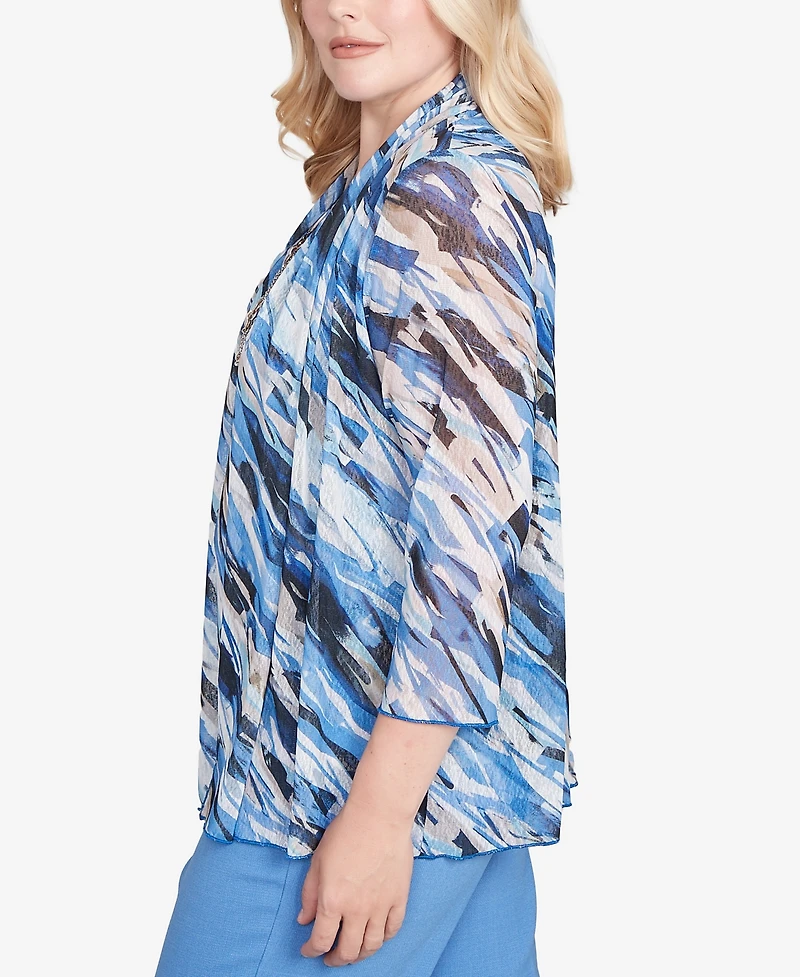 Alfred Dunner Petite Textured Mesh Printed Two One Top with Necklace