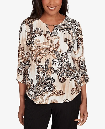 Alfred Dunner Petite Textured Paisley Ruched Sleeves Top