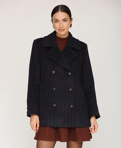 Avec Les Filles Women's Short Double Breasted Wool Pinstripe Coat