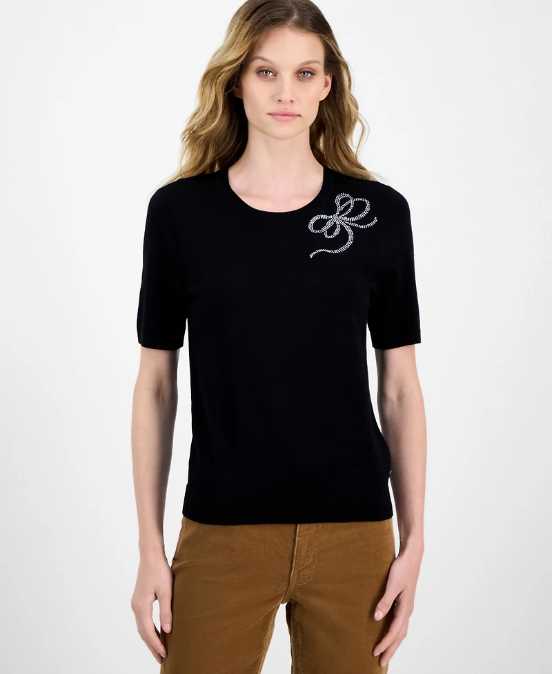 Nautica Jeans Women's Rhinestone-Bow Short-Sleeve Sweater