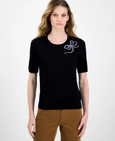 Nautica Jeans Women's Rhinestone-Bow Short-Sleeve Sweater