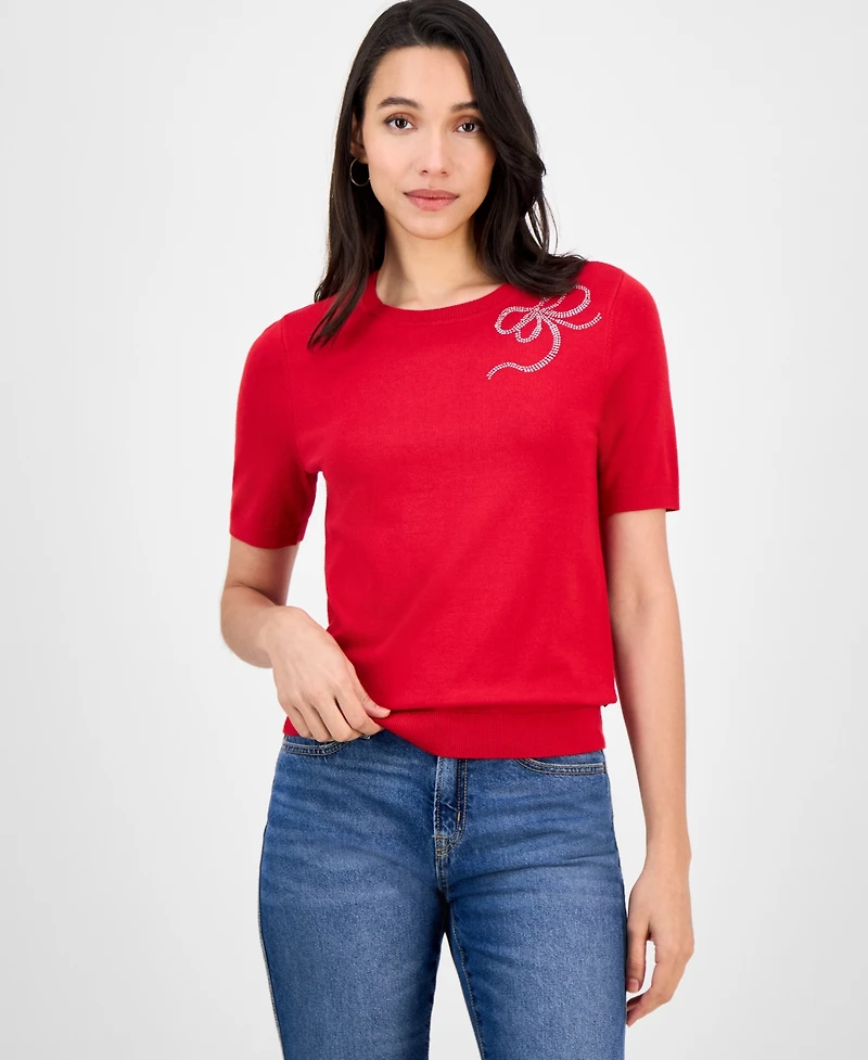 Nautica Jeans Women's Rhinestone-Bow Short-Sleeve Sweater