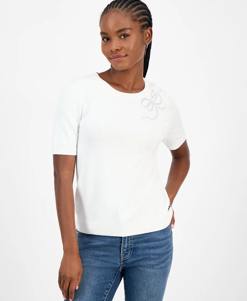 Nautica Jeans Women's Rhinestone-Bow Short-Sleeve Sweater