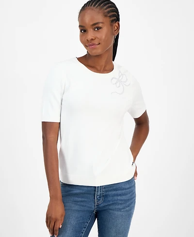 Nautica Jeans Women's Rhinestone-Bow Short-Sleeve Sweater