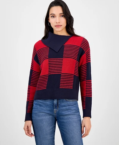 Nautica Jeans Women's Buffalo Plaid Asymmetrical-Neckline Sweater
