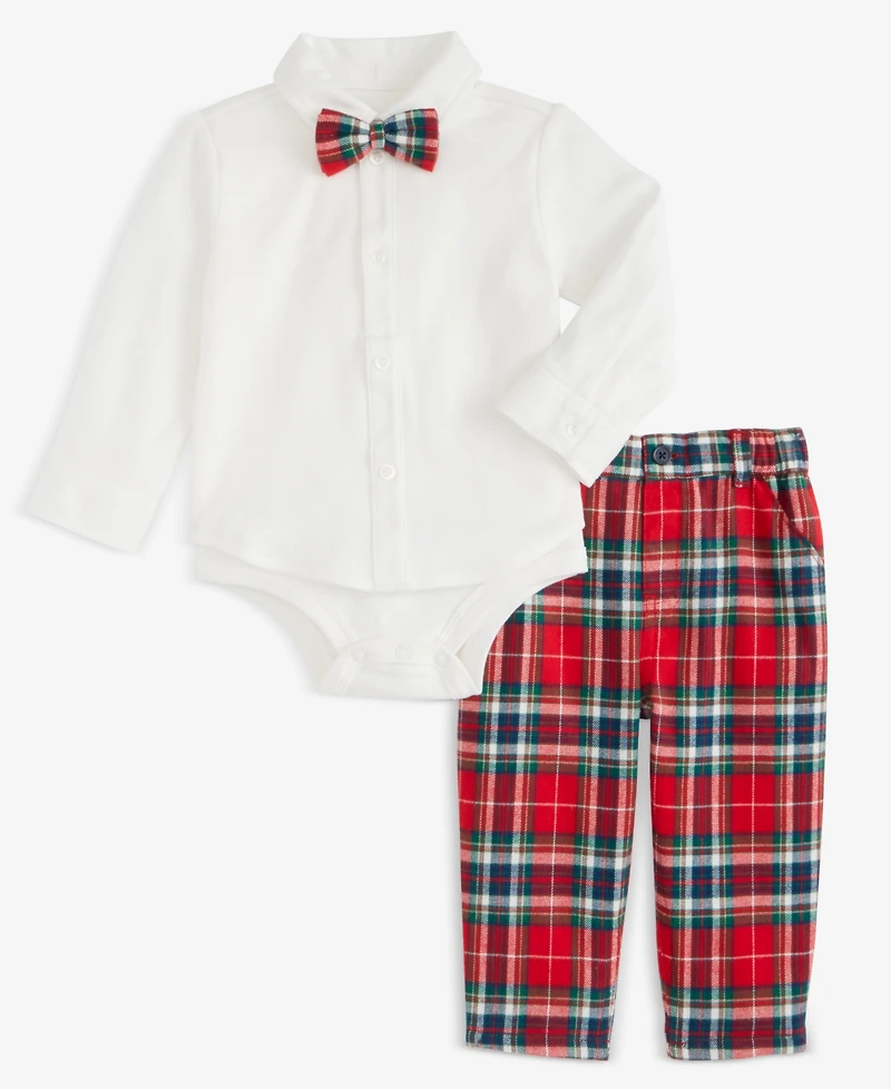 First Impressions Baby Boys 3-Pc. North Pole Bowtie, Bodysuit & Plaid Pants Set, Macy's Exclusive
