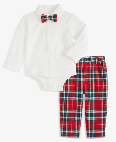 First Impressions Baby Boys 3-Pc. North Pole Bowtie, Bodysuit & Plaid Pants Set, Macy's Exclusive