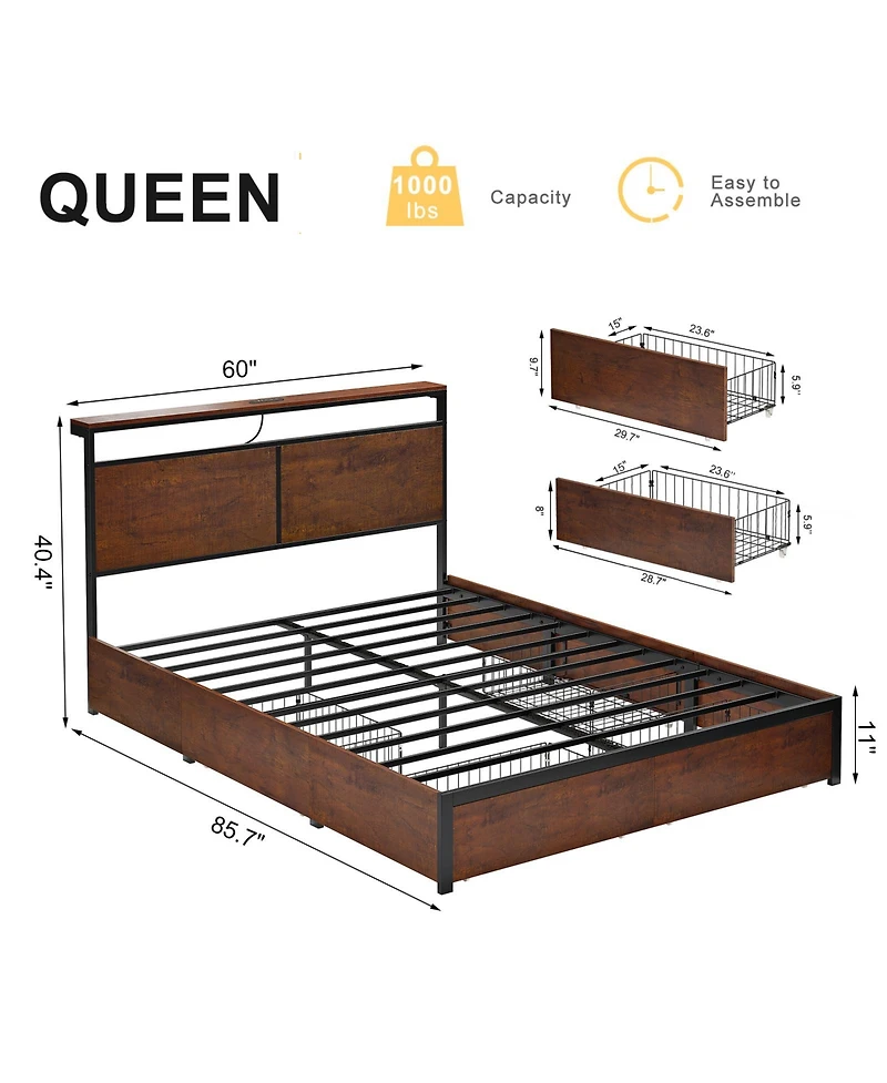 Hausource Modern Queen Bed Frame with Led Headboard, 4 Storage Drawers, No Box Spring Needed