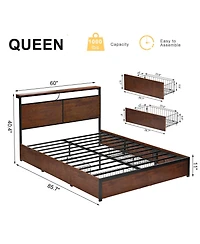 Hausource Modern Queen Bed Frame with Led Headboard, 4 Storage Drawers, No Box Spring Needed