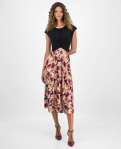 Robbie Bee Women's Colorblock Printed Cap-Sleeve Midi Dress