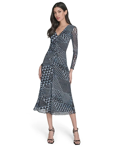 Eliza J Women's Long-Sleeve Printed-Mesh Midi Dress