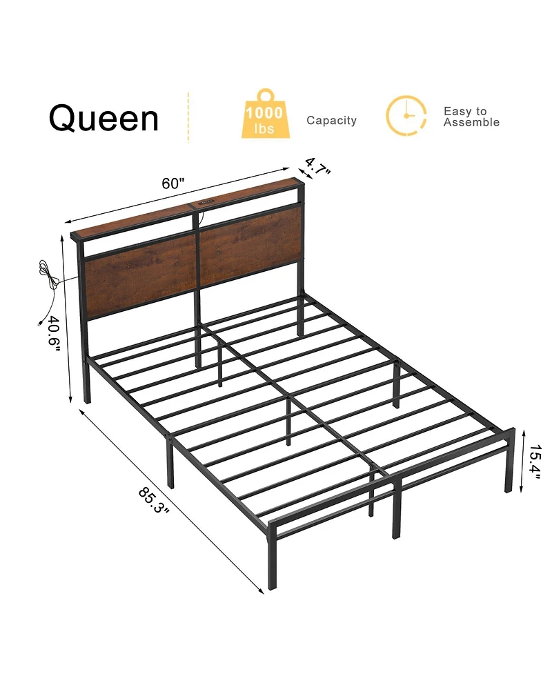 Hausource Vintage Queen Size Bed Frame with Storage Led Headboard, No Box Spring Needed