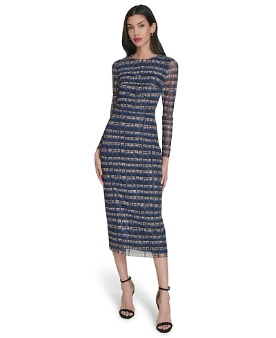 Vince Camuto Women's Printed-Mesh Long-Sleeve Bodycon Dress