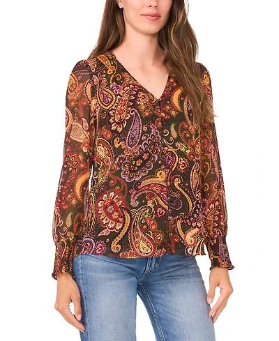 Sam & Jess Women's V-Neck Button-Front Smocked-Shoulder Top