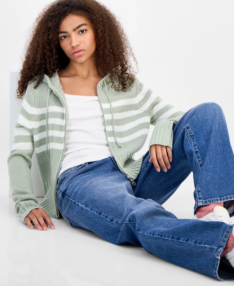 Hooked Up by Iot Juniors' Striped Hooded Zippered Sweater