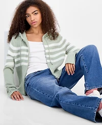 Hooked Up by Iot Juniors' Striped Hooded Zippered Sweater