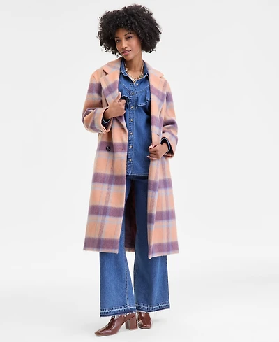 On 34th Women's Brushed Plaid Double-Breasted Coat, Macy's Exclusive