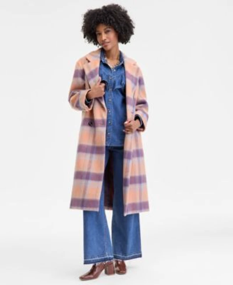 On 34th Womens Brushed Plaid Double Breasted Coat Xxs 4x Macys Exclusive