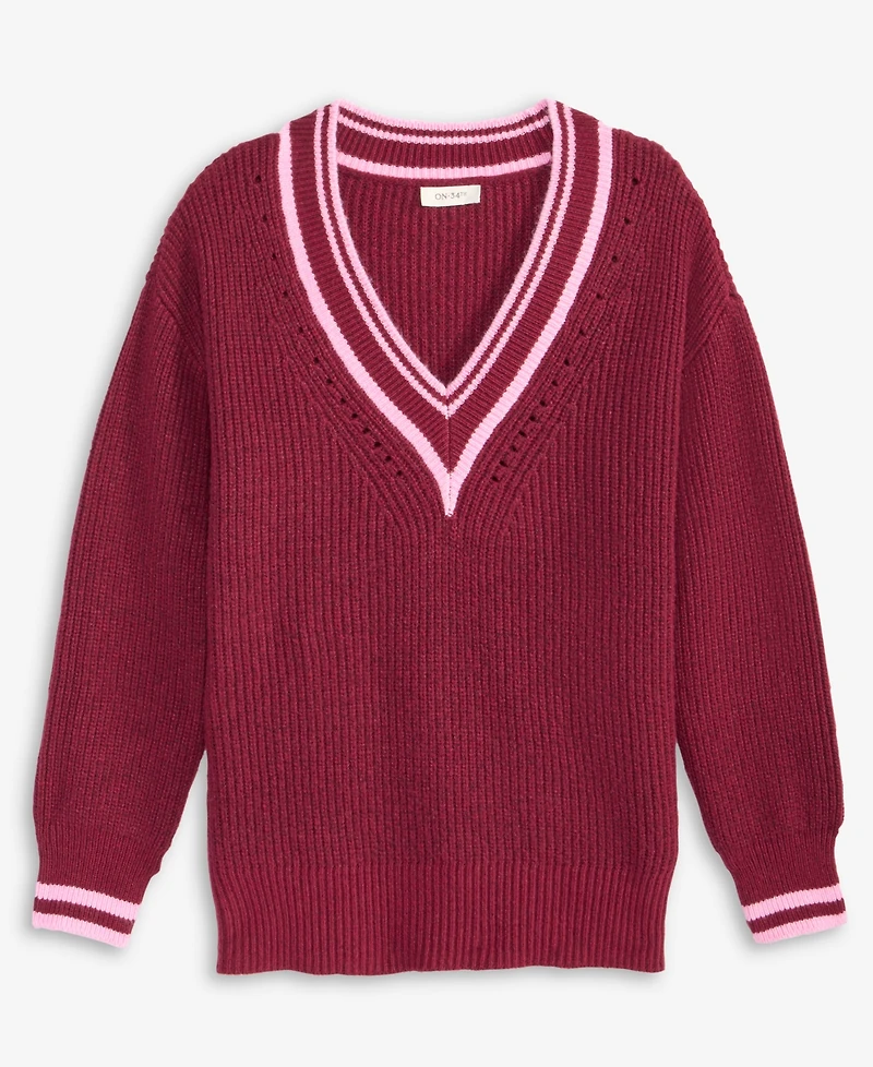 On 34th Women's Varsity Tipped V-Neck Sweater, Macy's Exclusive