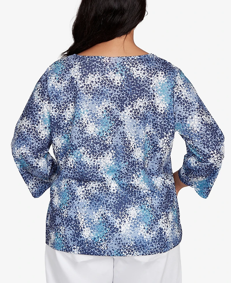 Hearts Of Palm Plus Printed Poly Square Ring Neck Top