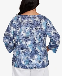 Hearts Of Palm Plus Printed Poly Square Ring Neck Top
