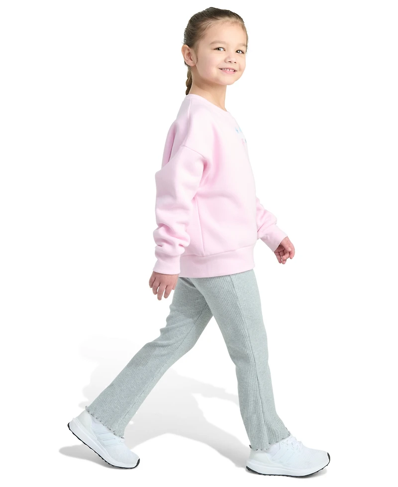 adidas Toddler and Little Girls 2-Piece Crewneck Fleece Pull-On Sweatshirt Ribbed Flare Pant Set