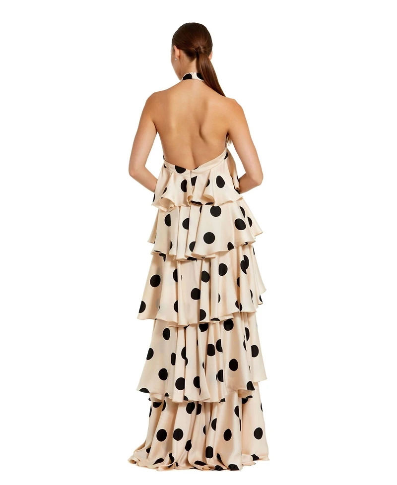 Mac Duggal Women's Polka Dot Charmeuse Halter Tiered Ruffle Gown