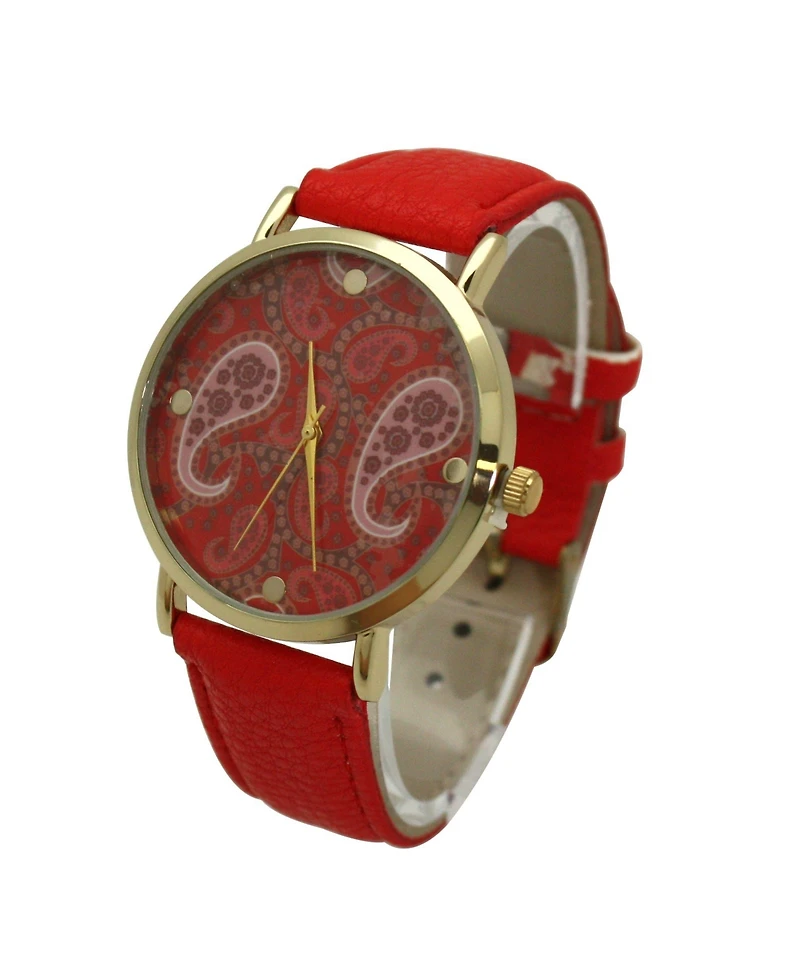 Red Paisley Face Leather Strap Watch