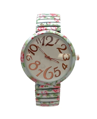 Olivia Pratt Mint Floral Big Dial Easy Reader Watch Floral Elastic Stretch Band Wristwatch Women Watch