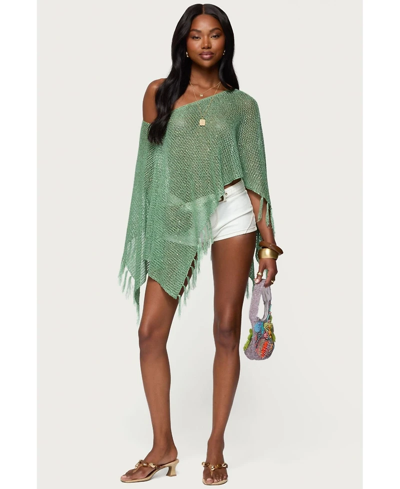 Edikted Women's Sequin Fringe Knit Poncho