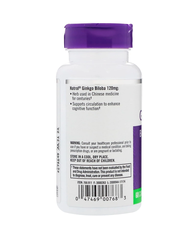 Natrol Ginkgo Biloba, 120 mg, 60 Capsules, Herbal Supplements