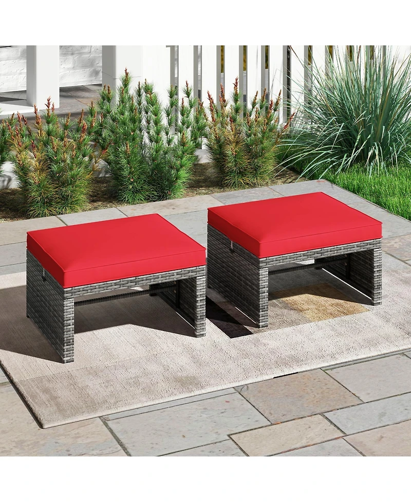 Gymax 2 Pieces Patio Pe Rattan Ottomans with Soft Zippered Cushions for Deck